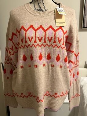 Scotch & Soda Medium oversized Beige Fair Isle Sweater with Pink & Red Motif